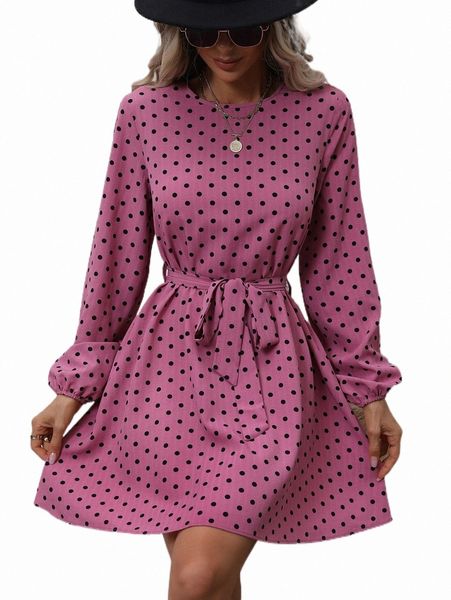 

polka dot print lantern sleeve belted dress j4u8#, Black;gray
