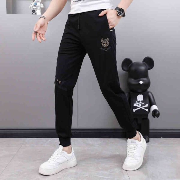 

men's pants european summer men's pants casual tide brand ruffian handsome embroidery printing slim fitting leggings trend versati, Black