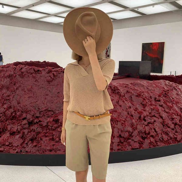 

women's hoodies sweatshirts summer c knitted polo shirt short sleeve lapel hollow v-neck slim and versatile akhi, Black