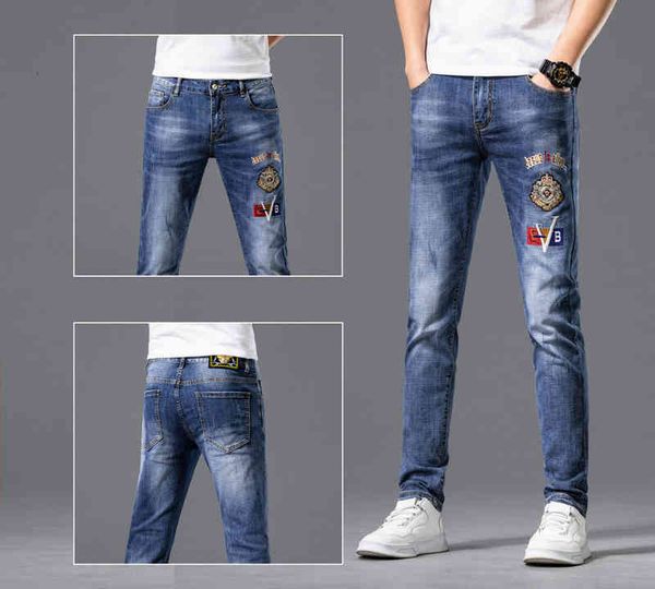 

men's jeans korean summer elastic blue jeans men's personality badge fashion brand slim fit feet trend pants m760