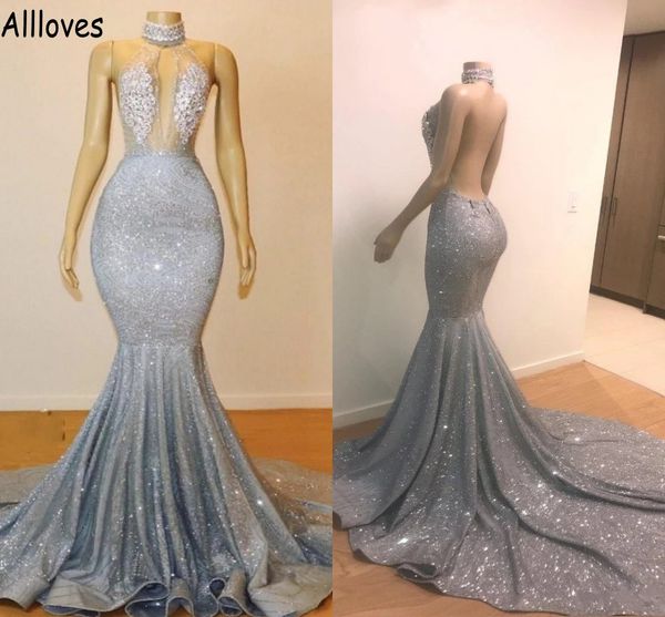 

silver sequined evening celebrity dresses mermaid glitter halter lace appliqued prom party gowns court train open back formal occasion robe, Black;red