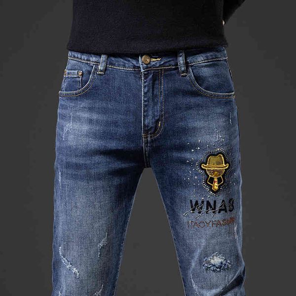 

men's jeans light luxury european goods spring and autumn pierced jeans men's slim fit small feet elastic printing trend high-end, Blue