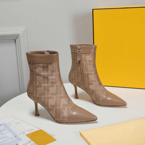 

stiletto ankle boot designer ladies elastic fashion print alphabet short boots high heel pointed toe womens bootiess knit socks shoes, Black