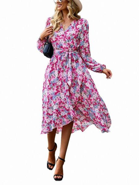 

allover floral print ruffle hem belted dress k3op#, Black;gray