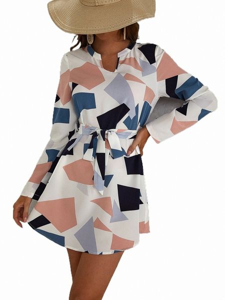 

geo print notched neck belted dress c5mr#, Black;gray