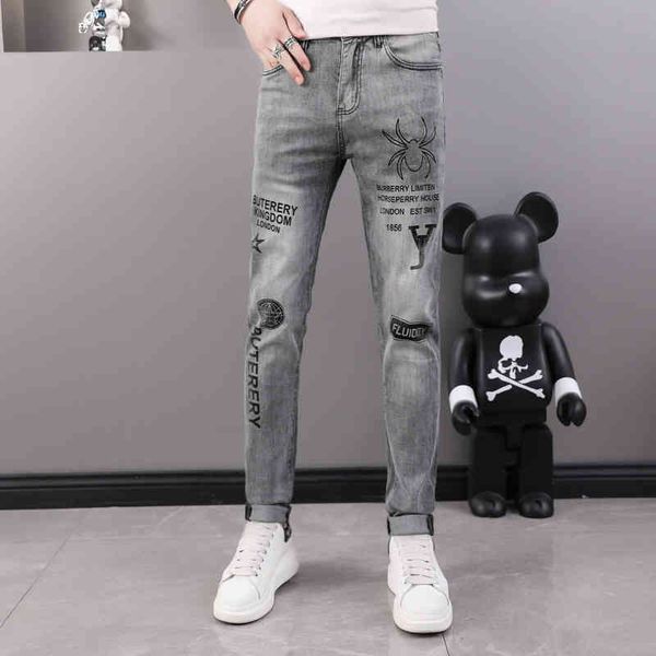 

men's jeans summer trend slim fit small foot fashion thin stretch brand casual printing diamond jeans men kki7, Blue