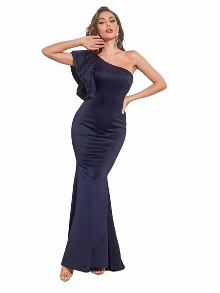 

one shoulder ruffle trim formal dress p6mi#, Black;gray