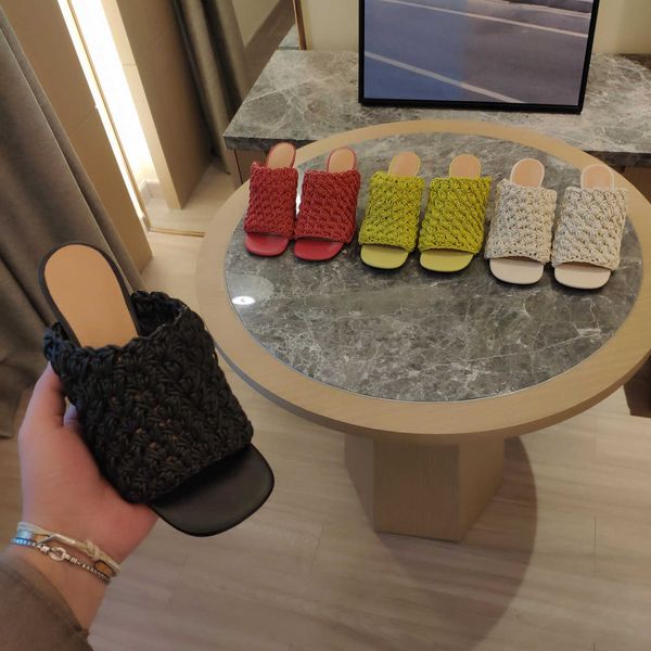 

jelly stretch sandals pleated woven women slippers intrecciato raffia muller slippers high heels leather slipper size 35-41, Black