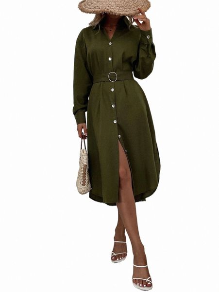 

solid button through belted shirt dress 39vd#, Black;gray