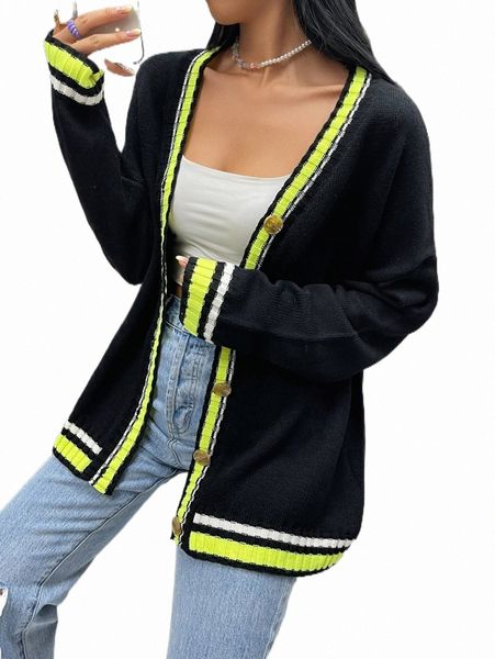 

contrast trim drop shoulder cardigan w6at#, White;black