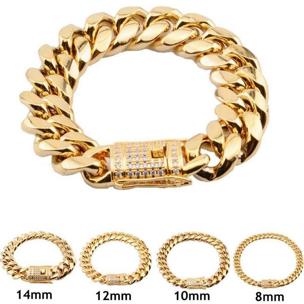 

8mm 10mm 12mm 14mm 16mm 18mm mens 18k gold plated stainless steel bracelets high polished miami cuban link punk curb cz bracelet242u, Black