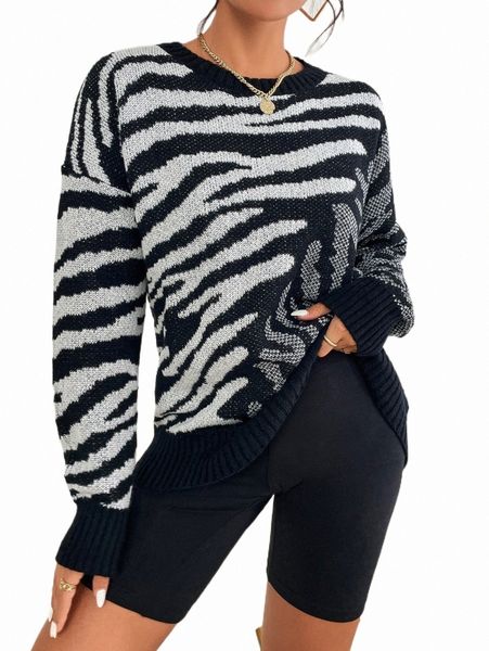 

women's clothing zebra striped pattern drop shoulder sweater 30cy#, White;black