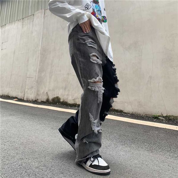 

men's jeans mens hip hop denim high street irregular washed ripped holes casual loose straight zipper joggers streetwear jeansmen', Blue