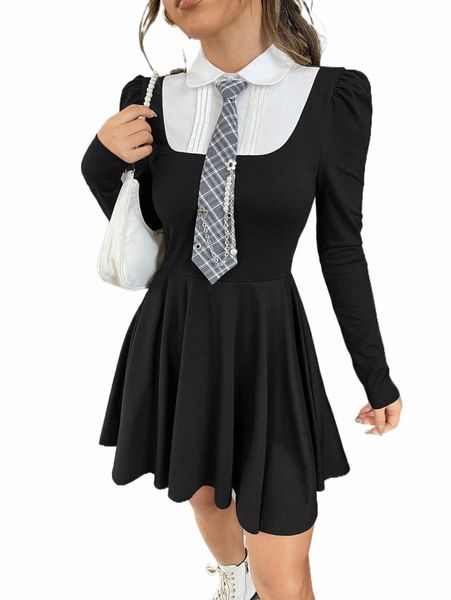 

2 in 1 contrast collar puff sleeve dress without tie k9ps#, Black;gray