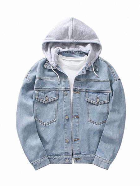 

women's jackets colorblock flap pocket drawstring hooded denim jacket without tee m9ya#, Black;brown