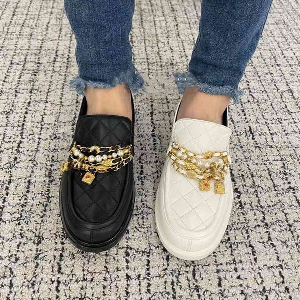 

spring dress shoes pearl chain pendant lingge leather lefu shoes women's french thick soled one foot single shoe round head g33p, Black