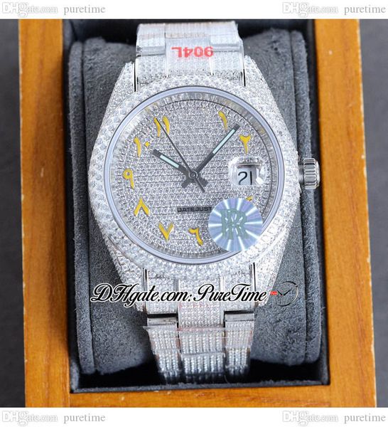 

rf 40 126334 eta a2824 automatic mens watch paved diamond dial yellow arabic script fully iced out diamonds 904l oystersteel bracelet jewelr, Slivery;brown