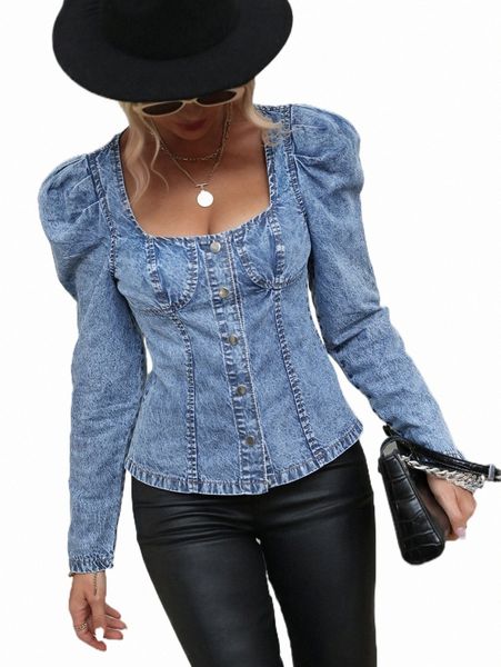 

women's t-shirt puff sleeve denim blouse clothing 58daa#, White