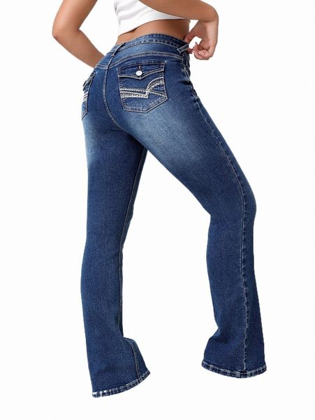 

plant embroidery studded detail bootcut leg jeans i6by#, Blue