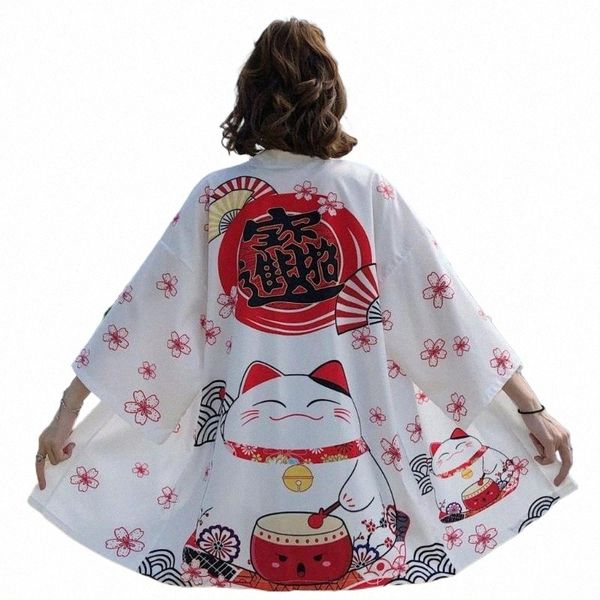 

ethnic clothing lucky cat kimono japan streetwear cardigan harajuku robe japanese style clothes summer men women black white jacket 2021 j0k, Red