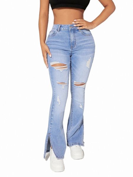 

petite high waist bleach wash ripped split hem flare leg jeans g0jx#, Blue