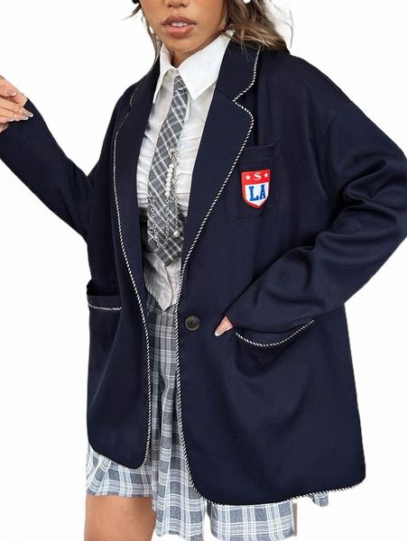 

notched collar letter patched drop shoulder blazer g17b#, White