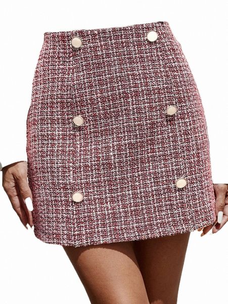 

plaid pattern fake button tweed skirt g6zw#, Black