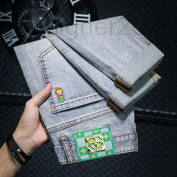 

men's jeans designer high end european summer light color men's jeans embroidery fashion thin hole versatile elastic slim fit pant, Blue