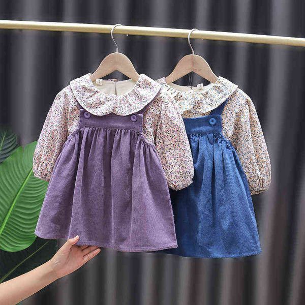 

autumn and winter new kids clothes baby girl cute floral doll shirt plus velvet strap dress 2-piece suit children clothing y220819, Red;yellow