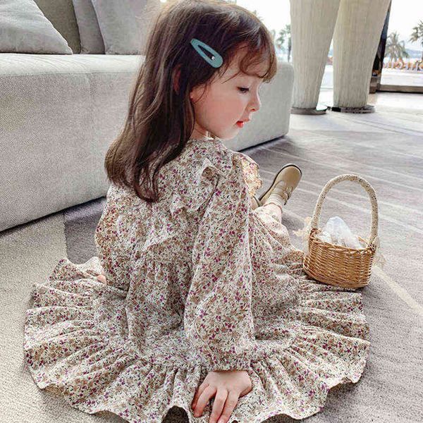 

autumn new children clothing sweet floral print korean style long-sleeved dress baby fashion lace princess dress y220819, Red;yellow