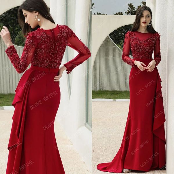 

o neck mermaid lace evening dress long party for women full sleeve red prom gown floor length, Black;red