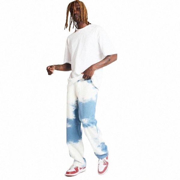 

men's jeans 2022 fashion tie dye print jean pants women streetwear casual loose denim trousers vintage straight y2k men c7qc#, Blue