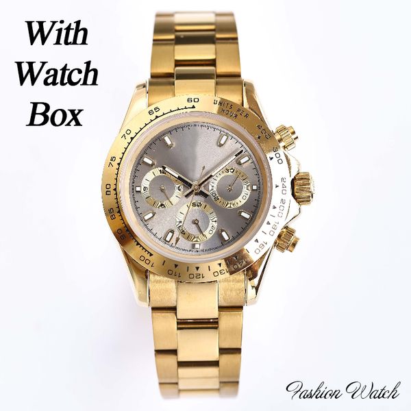 

gold strap gray dial designer mens watches automatic movement watch water resistant sport luxurious wristwatches chronograph with watch box, Slivery;brown
