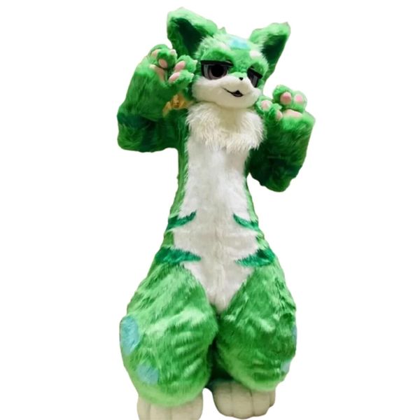 

green long fur husky fursuit fox mascot costume walking halloween set, Red;yellow