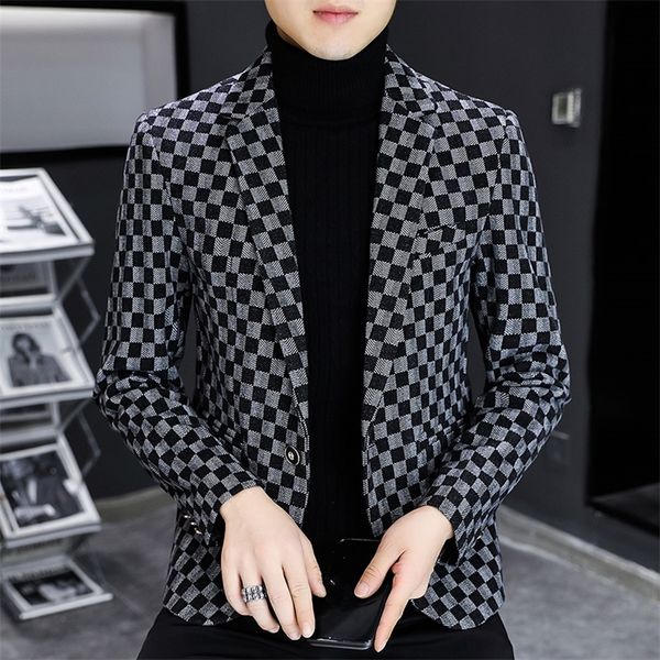 

autumn winter mens suit jacket luxury fashion personality fit leisure comfort classic plaid british blazer coat 220819, White;black