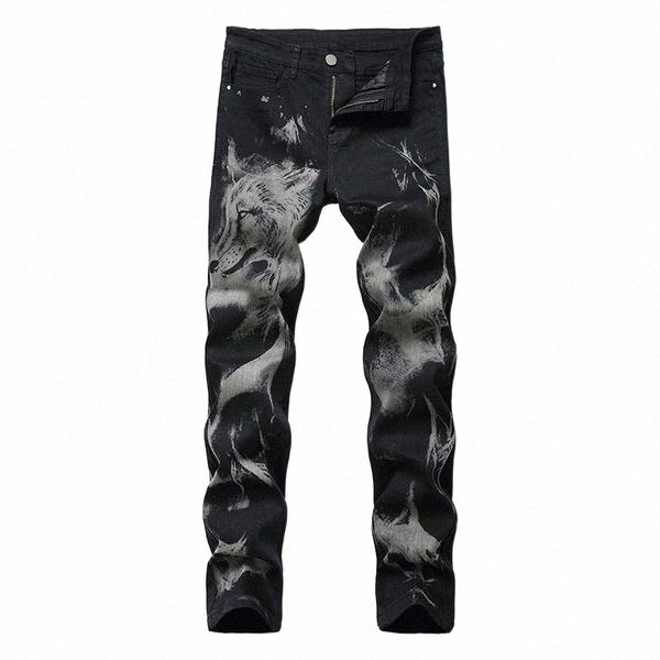 

men's jeans kiovno men fashion printed trousers wolf black denim pants male streetwear size 28-38 k6my#, Blue