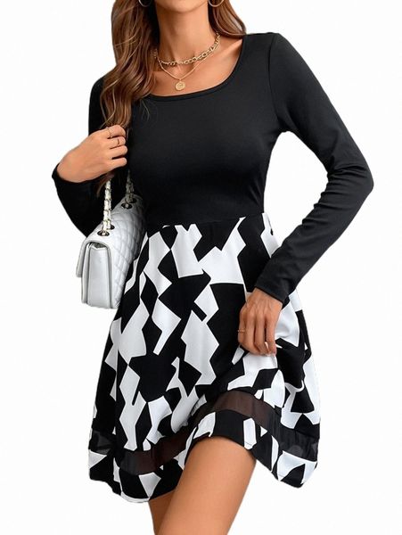 

casual dresses geo print contrast mesh a-line dress y9zsggn#, Black;gray