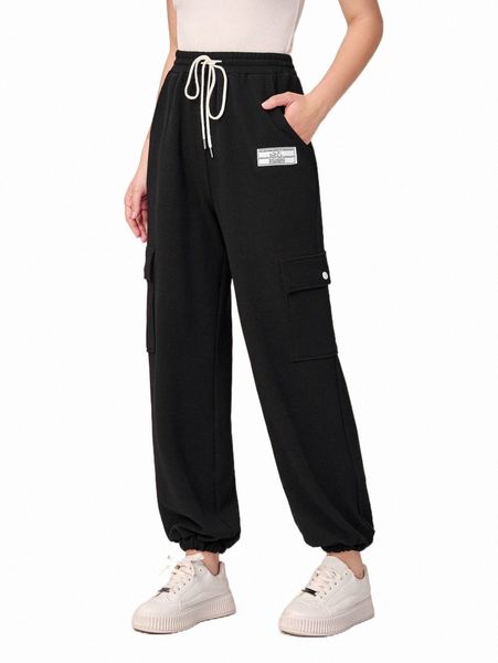 

patch detail drawstring waist sweatpants e3zd#, Black;white
