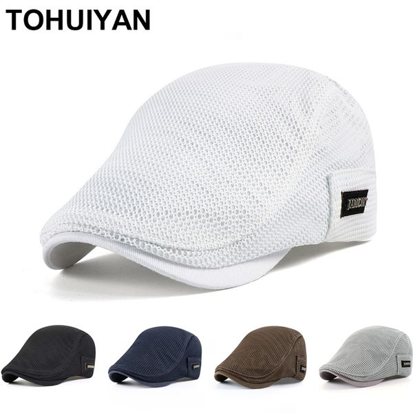

summer mens hats breathable mesh sboy caps outdoor gorro hombre boina golf hat fashion solid flat cap for women 220819, Blue;gray