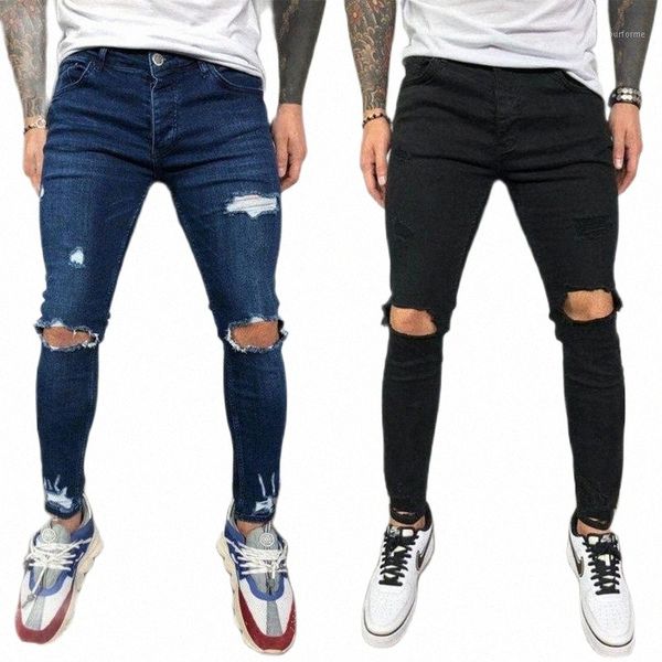 

men's jeans richkeda store 2022 ripped stretch slim cool skinny elastic denim pants blue black for male spring summer autumn e7z2#