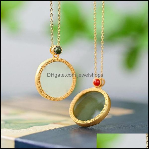 

chains sier inlaid natural hetian biyu round necklace pendant simple light luxury chinese style ladies brand jewelry drop jewelshops dhp1a, Silver