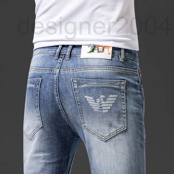

men's jeans designer spring and summer thin men's denim pants korean version elastic slim fit small foot tide brand printing 539q, Blue