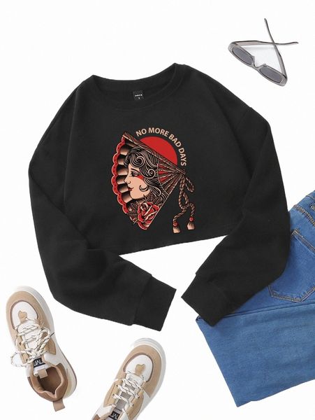 

x drawdoland slogan & figure graphic thermal pullover u0sn#, Black