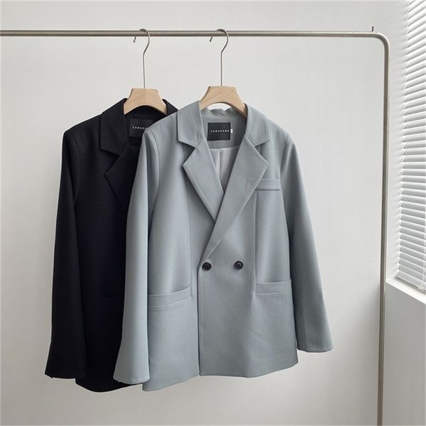 

autumn solid color elegant blue blazer women jacket women's korean style loose v-neck long sleeve cardigan 220818, Black;brown