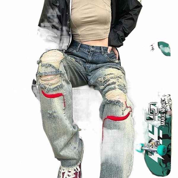 

men's jeans spring and autumn women's hip hop pants skateboard y2k loose perforated troupe o3lo#, Blue