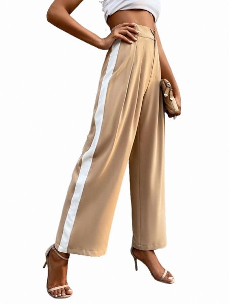 

contrast side seam fold pleated wide leg pants a2by#, Black;white