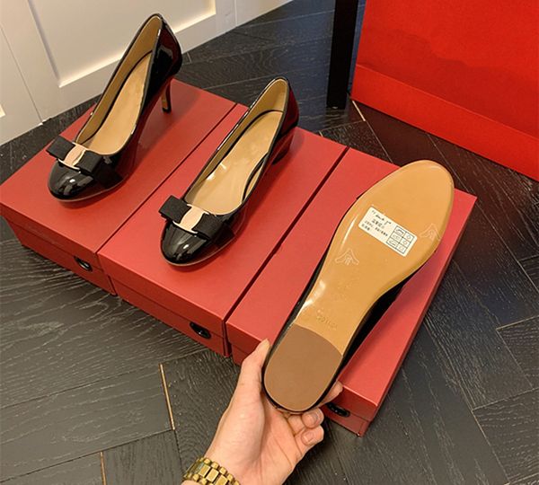

european american classic style black patent leather bowknot designer flat woman shoes red high heels wedding banquet party luxury shoes fas