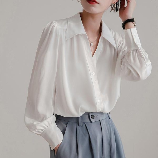 

fall blusas turn-down collar long sleeve chiffon shirts for women loose thin see through femininas blouses 5375, White