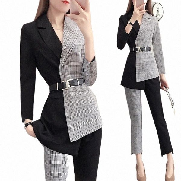 

women's suits & blazers autumn irregular suit sets plaid stitching shirt nine pants two-piece outwear work okxgnz q340#, White;black