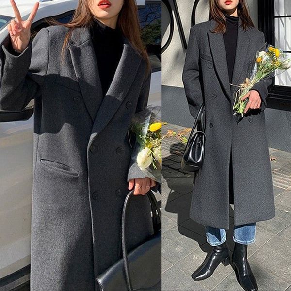 

autumn and winter korean wool coat women's classic retro double breasted loose fit medium length wool coat 220819, Black